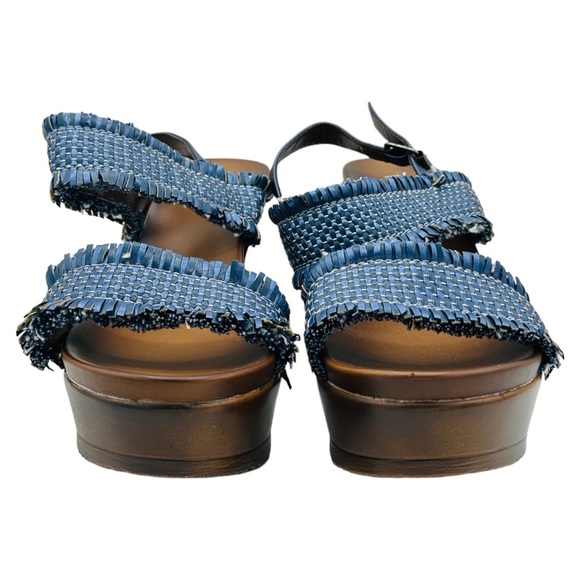 Vintage Fringe Woven Ankle Strap Open Toe Platform Wedge Sandal Navy Brown 8 - Picture 3 of 13